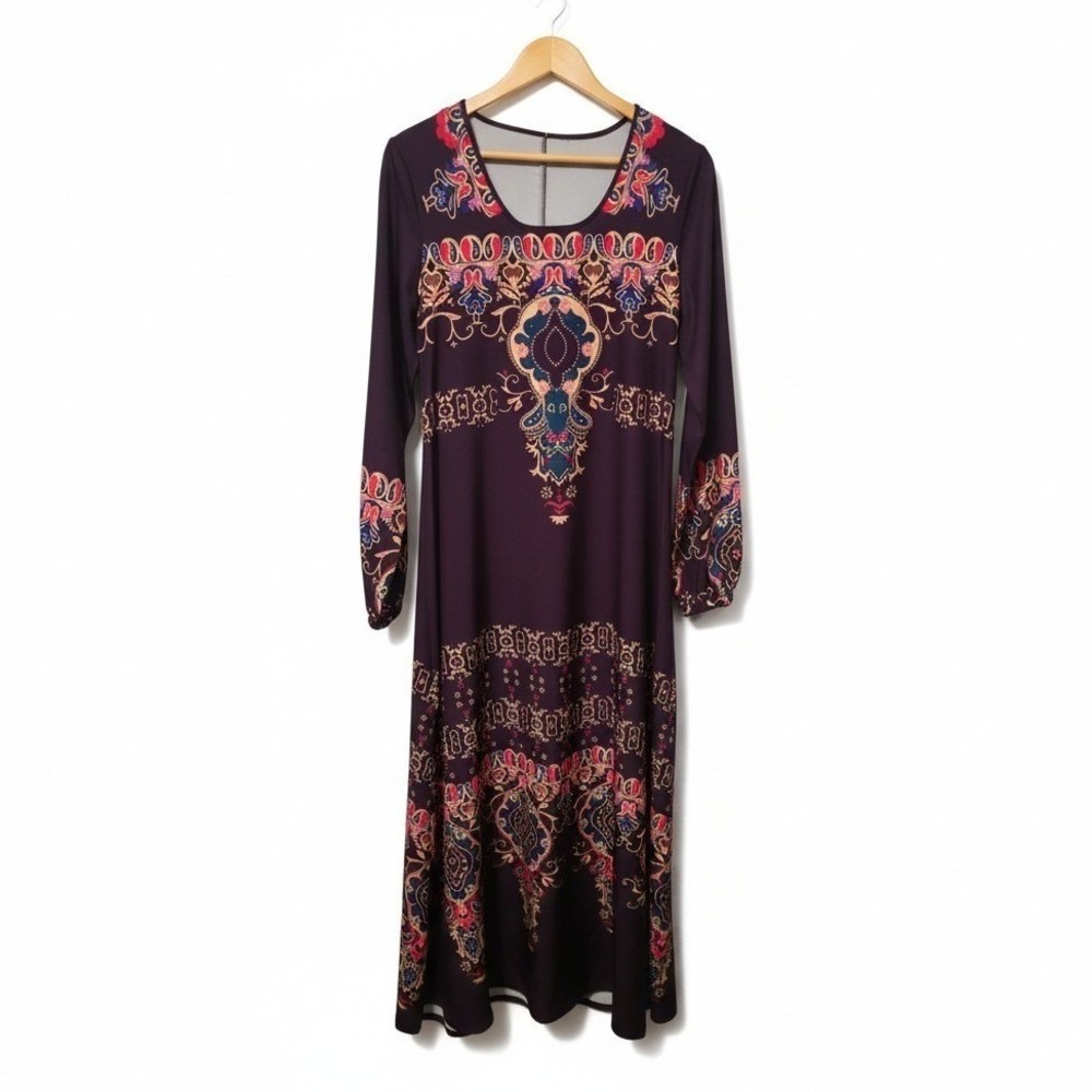 Women's Maxi Dress Black Floral Print Boho Cottagecore Y2K Round Neck Pullover M